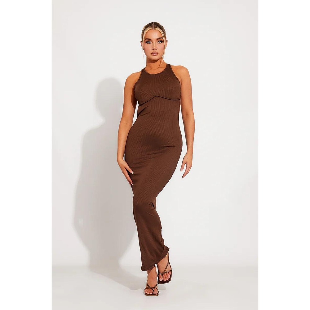 Micas Ribbed Maxi Dress Open Back Bodycon Brown Sleeveless Casual Party Size M‎
